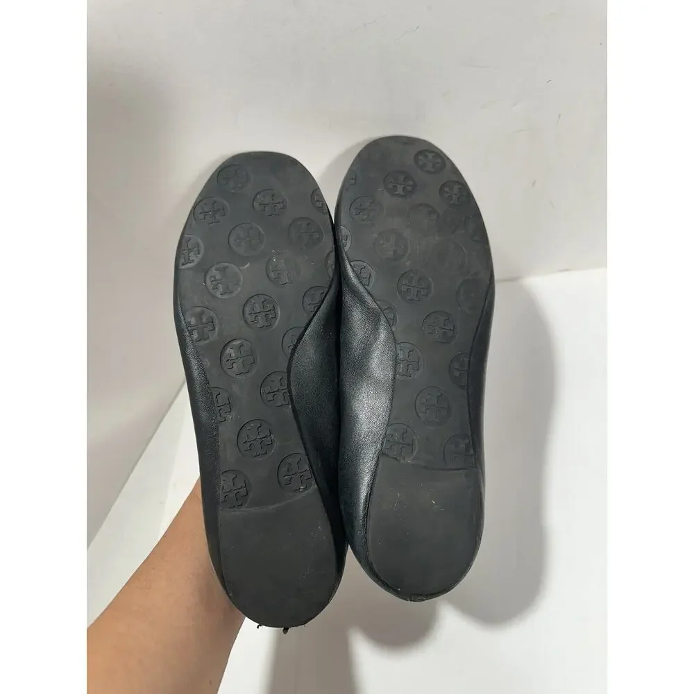 TORY BURCH Reva Ballet Flats Black Gold Medallion Logo‎ Sz 7.5 See Pictures